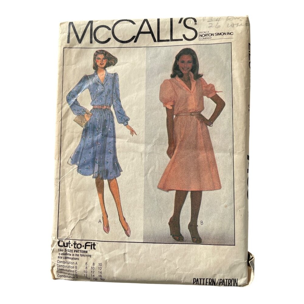 Vintage McCalls 7463 Dress Sewing Pattern Size 10-12-14 Misses Junior Petite CUT